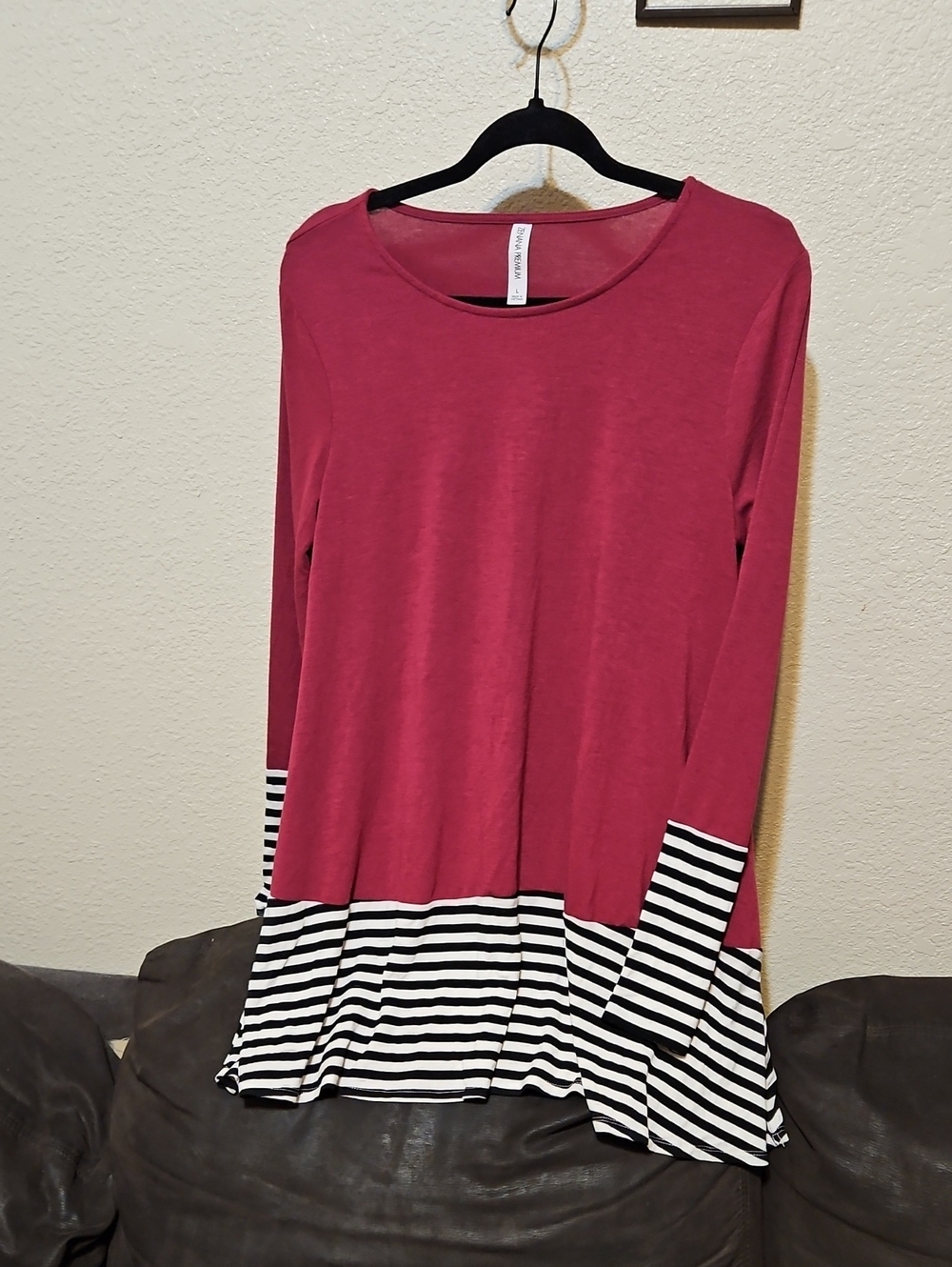 Zenana Outfitters Raspberry Long Sleeve Tunic with Black & White Stripes
